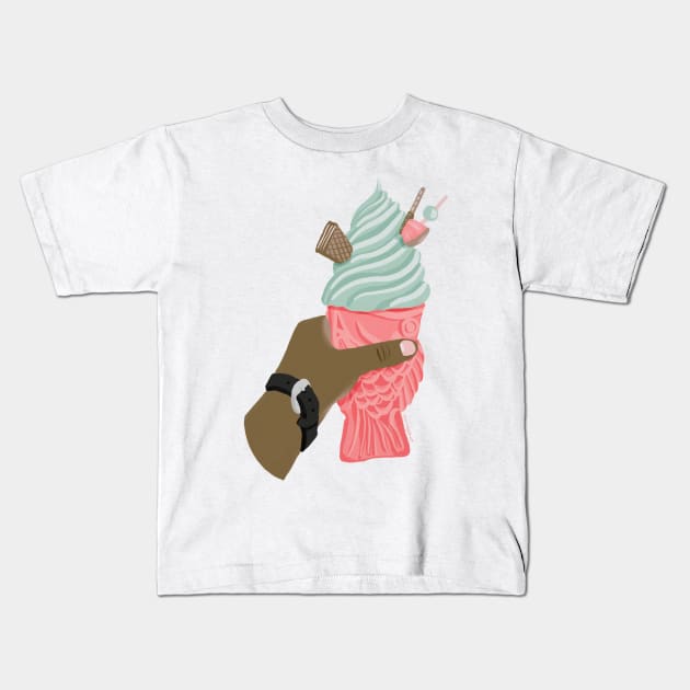 Blush and Mint Taiyaki Soft Serve Swirl Ice Cream in Jelly Gouache Kids T-Shirt by venglehart